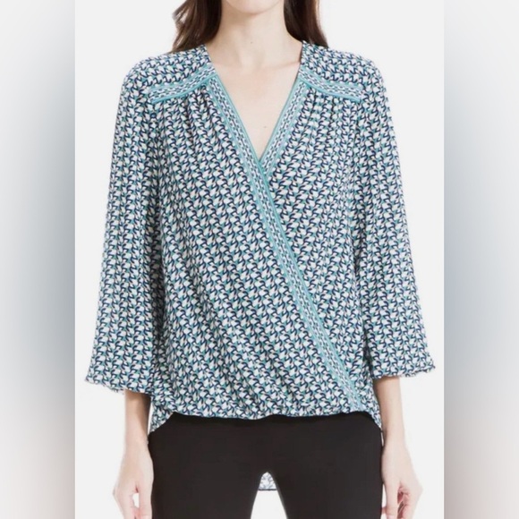 MAX STUDIO Boho Print Mock Wrap Chiffon Peasant Top Blouse Size 2X Hi-Low - Picture 1 of 10